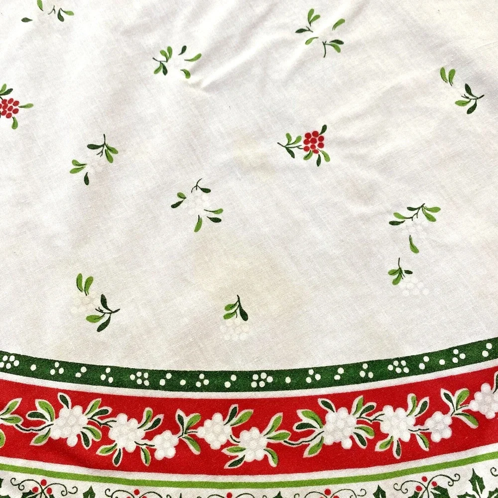 Vintage Christmas Tablecloth White Cotton Red & Green Border Oval Retro Holiday